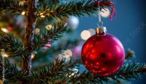 Close-Up of a Red Christmas Ornament Hanging on a Green Tree with Soft Bokeh Background