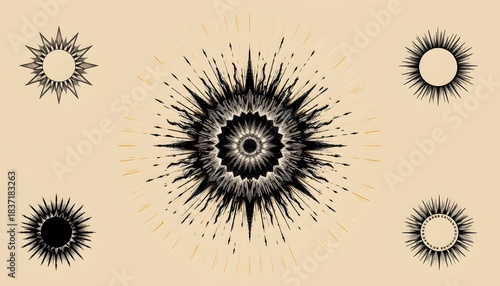 Abstract Black And Gold Sunburst Design With Radiating Patterns On Light Background