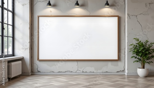 Minimalist Interior Space With Blank Wall Frame Illuminated By Modern Lighting Fixtures