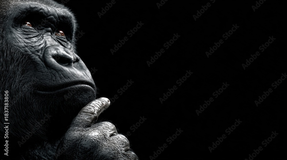 Fototapeta premium A gorilla with a thoughtful expression, looking up against a black background.