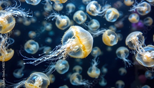 Swarm of Transparent Jellyfish Floating Gracefully in the Deep Blue Ocean Water