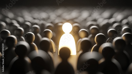 A crowd of people with one person highlighted in a glowing light.