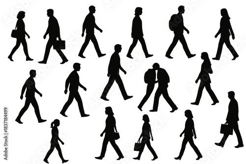 A white background filled sparsely with multiple black silhouettes of people walking. The figures are scattered across the canvas without interacting with each other. They vary in gender and posture; 
