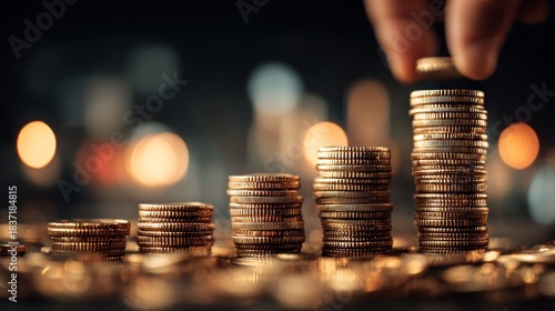 A hand placing a coin on a stack of coins.