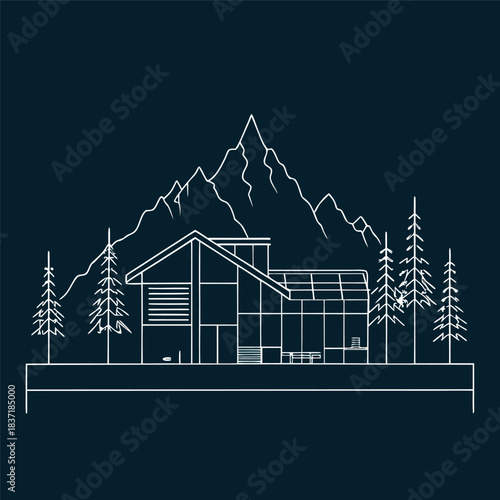 Minimal line-art illustration of a modern house in front of mountains, clean white outlines on a dark background