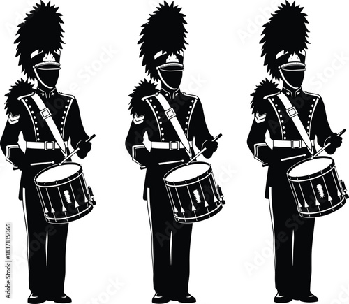 Marching band drummers silhouette, ceremonial uniform, snare drum performance, musical teamwork, parade formation, black and white vector illustration, discipline, tradition, rhythm