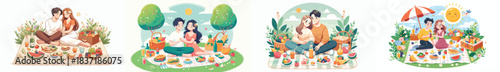 Couple having a picnic. Valentine theme. Vector, minimalist, illustration, icon set.