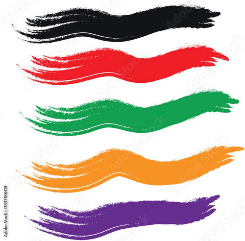 Set of five colorful brush strokes isolated on a white background, ideal for design projects, banners, and creative artwork.
