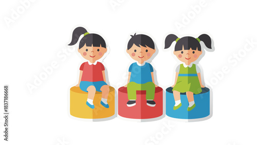 Three Diverse Children Siblings Sitting on Colorful Blocks Smiling Happily Together in a Studio Setting