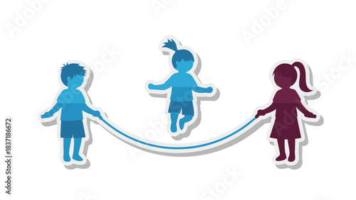 Three Diverse Children Silhouettes Joyfully Skipping Rope Together Outdoors on a Sunny Day Vibrant Blue and Purple Tones Dynamic Action Shot Promoting Childhood Fun and Friendship