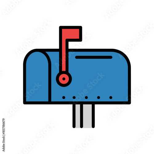Blue mailbox with red flag and black outline for postal service delivery.