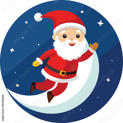 Santa claus cheerfully running across a crescent moon in a winter scene