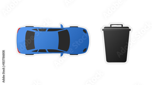 Top Down View Of A Blue Sedan Car Parked Next To A Black Trash Can Isolated On A Black Background Minimalist Design
