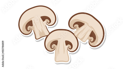 Three Sliced White Button Mushrooms With Brown Gills Displayed On A Black Background With A White Outline Border
