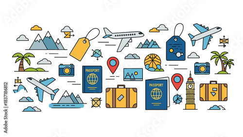 Travel and tourism icons set airplane, passport, luggage, map pin, landmark, and vacation elements