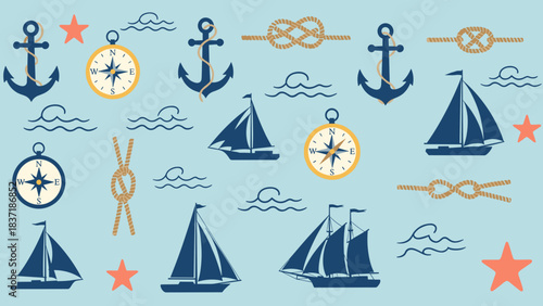 Nautical themed pattern with anchors, sailboats, compasses, knots, and stars on light blue background