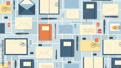 Flat lay pattern of correspondence items envelopes, notebooks, and pens on light blue grid background