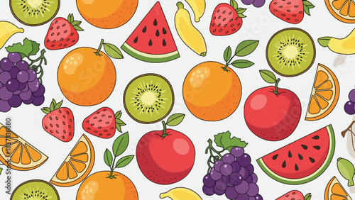 Seamless pattern of various fresh fruits oranges, apples, kiwi slices, bananas, strawberries, grapes, and watermelon slices, cartoon style