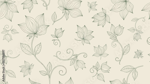 Seamless pattern with delicate handdrawn sketch of blooming flowers and leaves on light beige background