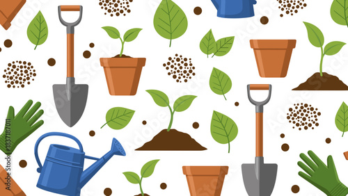 Seamless pattern of gardening tools, plants, and soil for spring planting