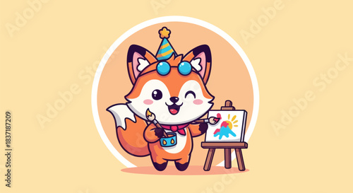 Cartoon fox artist painting on canvas illustration for creative design