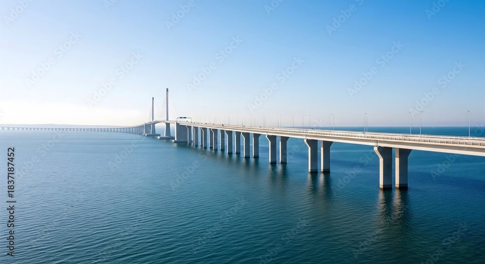 Naklejka premium Modern long concrete bridge spanning across the vast blue ocean water on a clear sunny day, representing seamless travel and infrastructure connection