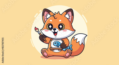 Cartoon fox artist painting a picture with fish vector illustration