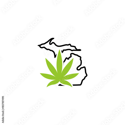 Outline of Michigan state with a green cannabis leaf in the foreground.
