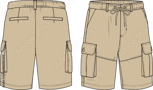 Beige cargo shorts technical fashion sketch, front and back view, detailed stitching, pockets, drawstring waist, CAD drawing flat vector illustration