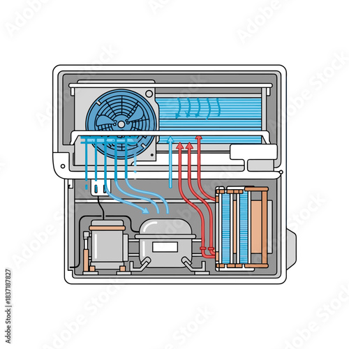 Detailed illustration of a refrigerators internal components and cooling system.