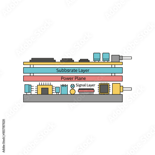 Detailed illustration of a multilayer printed circuit board.