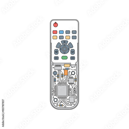 Detailed illustration of a remote control with visible internal circuitry.