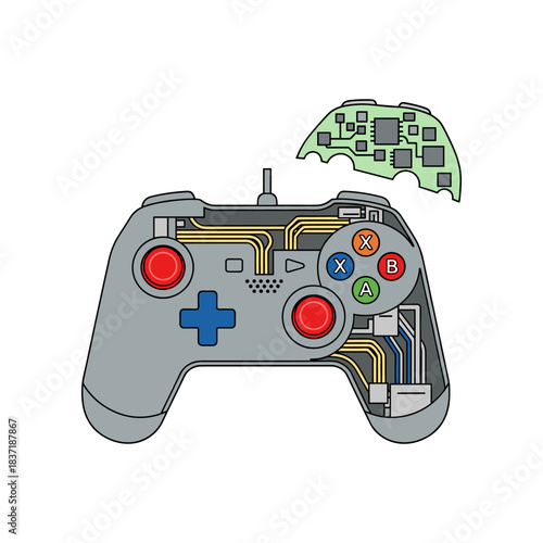 Detailed illustration of a video game controllers internal components.