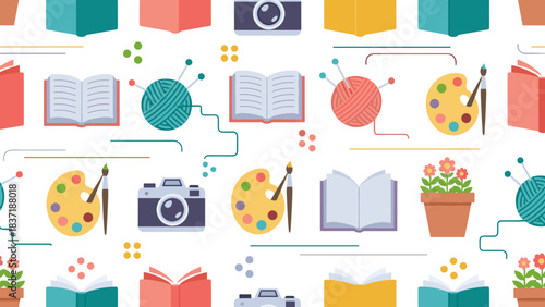 Seamless pattern of creative hobbies and education icons books, knitting, painting, and photography