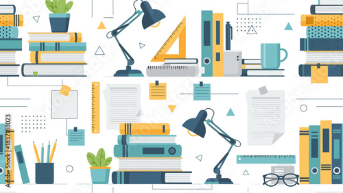 Seamless pattern of office and school supplies, books, lamps, stationery, and plants on a