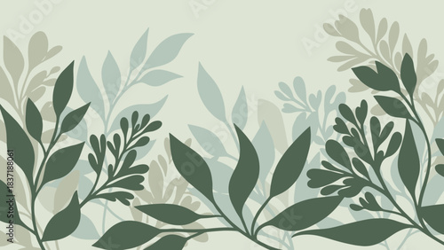 Elegant botanical illustration featuring layered green foliage and soft, muted background tones