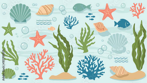 Set of colorful sea life elements shells, starfish, coral, seaweed, and fish on a light blue underwater background