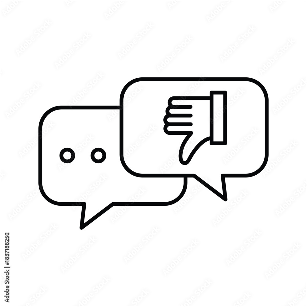 Fototapeta premium Vector icon illustrating negative feedback, showing speech bubbles and a thumbs-down symbol for online dissatisfaction and critical digital commentary