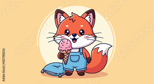 Cartoon fox enjoying ice cream cone illustration in bright playful style