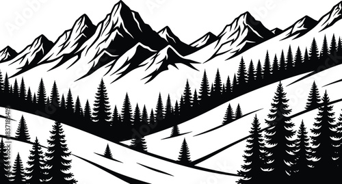 Black silhouette of mountain landscape, alpine forest, pine trees, snow-covered peaks, dramatic terrain, nature scene, outdoor vector, wilderness illustration, scenic view