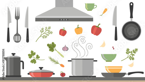 Cooking ingredients and utensils set for kitchen preparation and recipe making