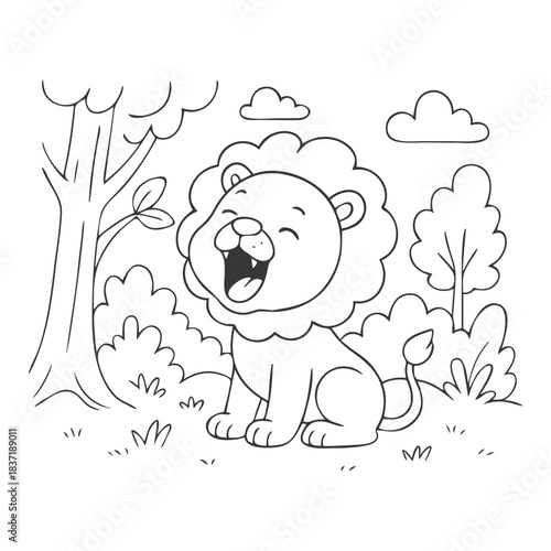 Cute roaring lion coloring page with forest background, simple bold outlines, animal illustration for kids, preschool activity book.