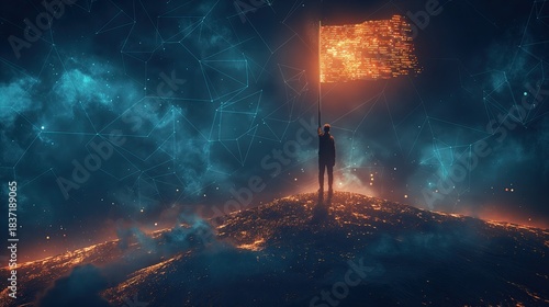 Silhouette of a leader holding a digital data flag on a glowing peak. Cinematic concept of AI victory, technology achievement, and future leadership