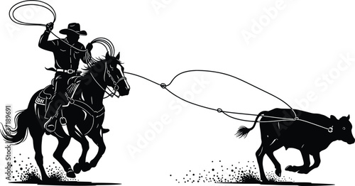 Cowboy on Horseback Roping a Running Calf Silhouette Vector Illustration, Ranch Rodeo Sport Scene, Western Theme Livestock Catching, Wild West Activity and Equestrian.