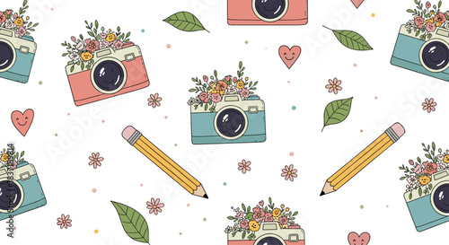 Whimsical seamless pattern with cute hand-drawn retro cameras, flowers, pencils, and smiling hearts on a white background.