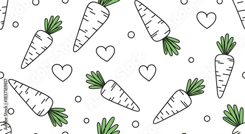 Cute seamless pattern with hand-drawn cartoon carrots, little hearts, and dots in a simple outline style on a white background.