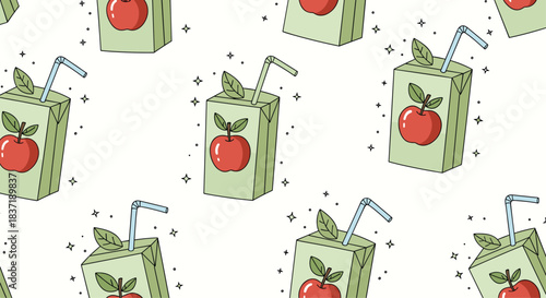 Cute seamless pattern of cartoon apple juice boxes with straws and little sparkles on a clean, light-colored background design.