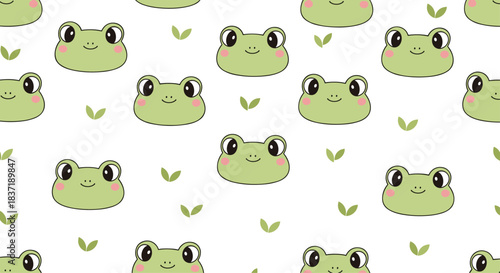 Adorable seamless pattern with the cute, smiling faces of little green frogs and leaves scattered on a simple white background.