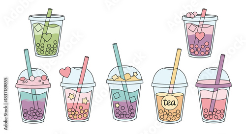 Colorful collection of various bubble tea drinks in transparent plastic cups, illustrated in a cute and trendy line art style.