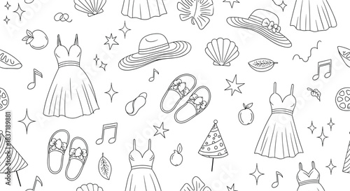 Fun seamless summer pattern in black and white, featuring hand-drawn dresses, sun hats, shells, and other vacation essentials.